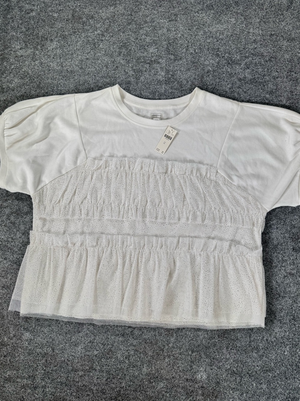 NWT Maeve Anthropologie XL White Puff Sleeve Glitter Tulle Peplum Top $128